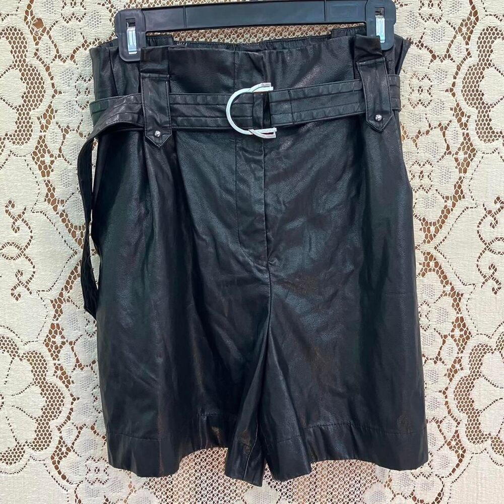 Zara High-waisted Black Belted Paperbag Waist Vegan Leather Pleated Shorts
